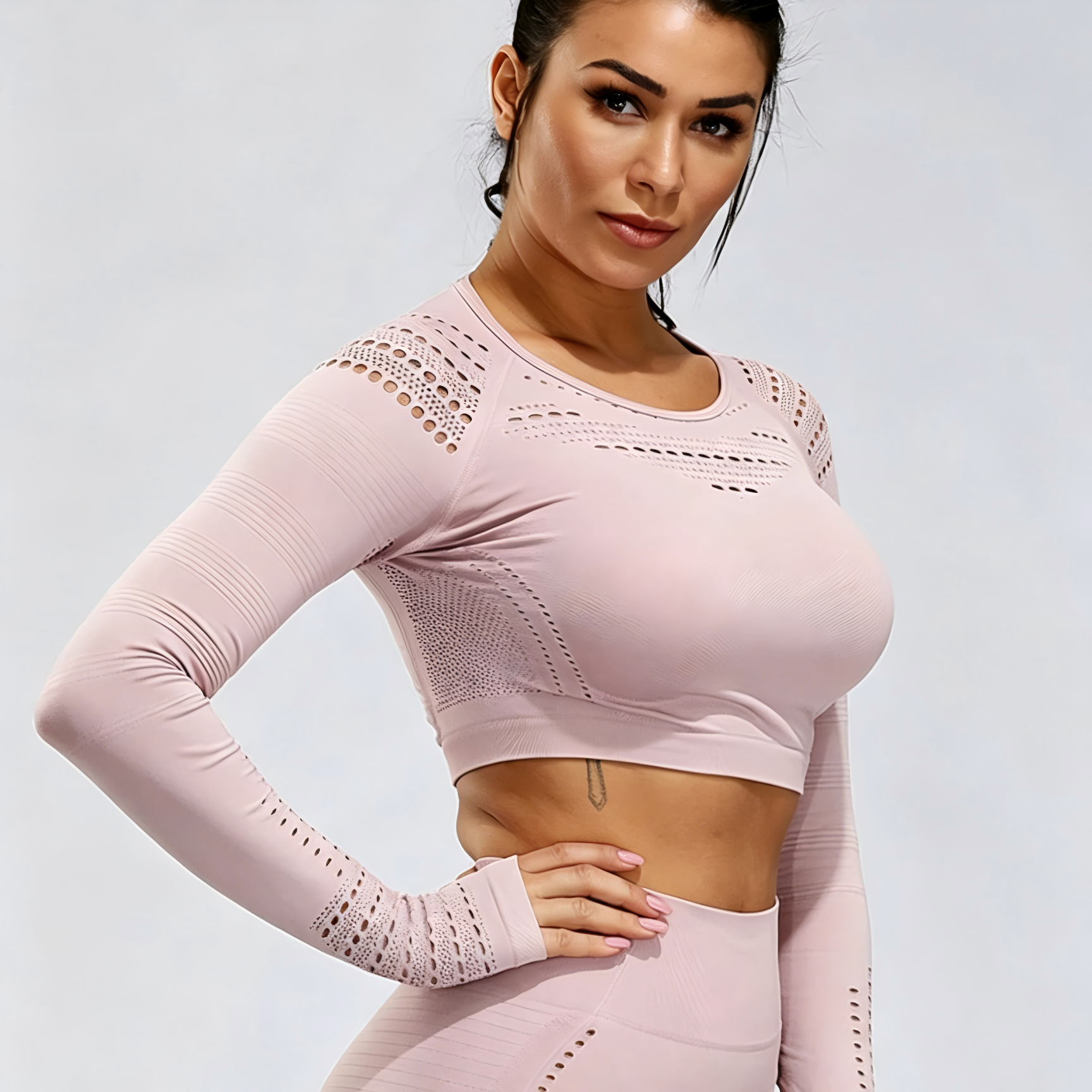 Energy Pink Hollow Long Sleeve Crop Top
